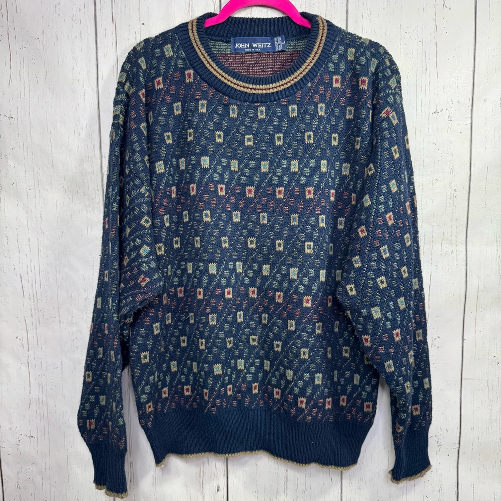 Vintage John Weitz Made in USA Cotton Sweater Geometric Grandpa Retro Preppy